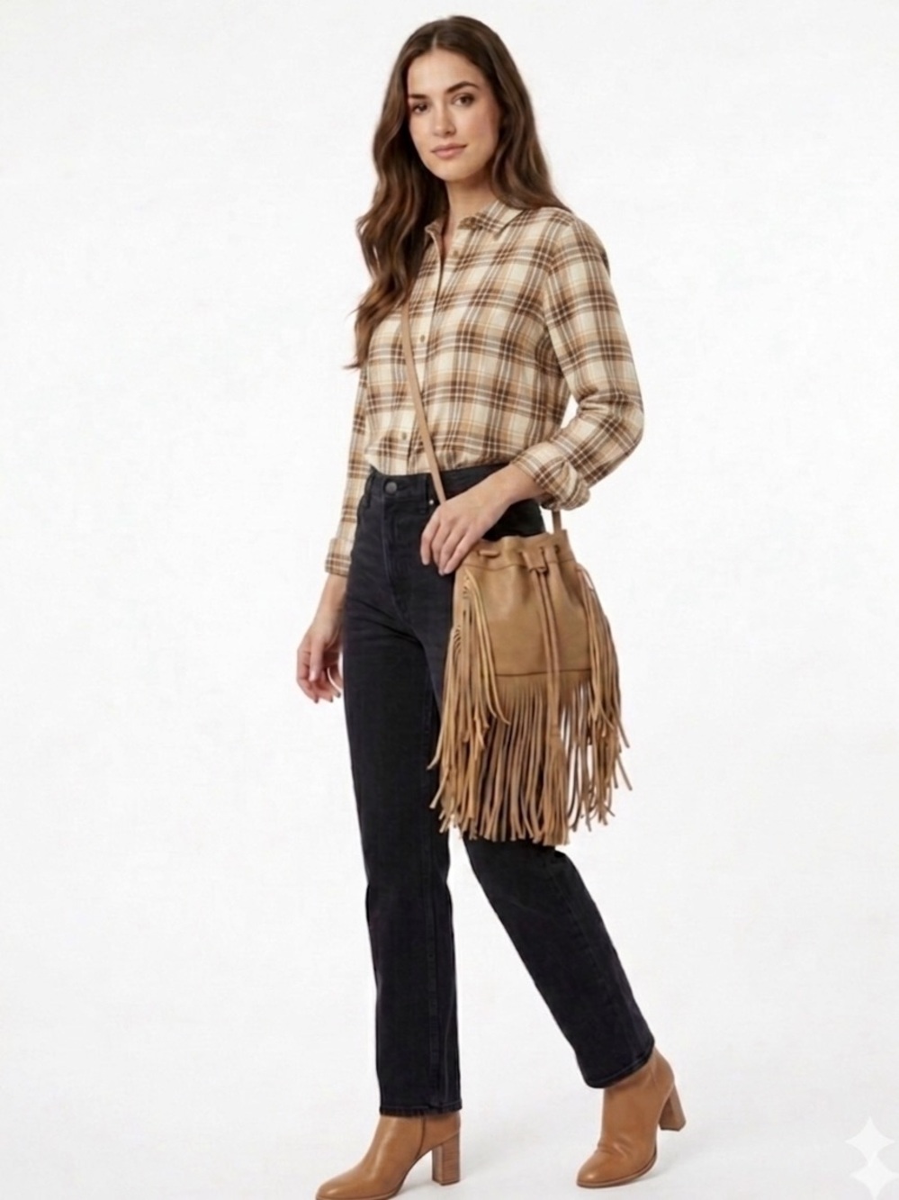 Boho Fringe Tan Bucket Bag Vegan Synthetic Crossbody Drawstring Women Purse